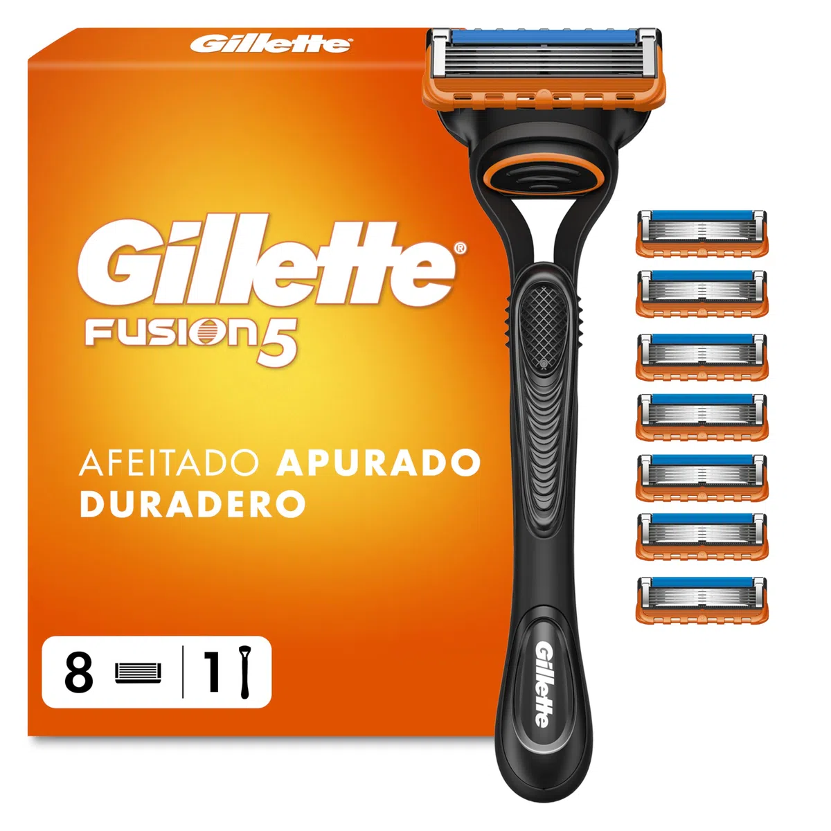 Gillette Fusion5 Maquinilla De Afeitar Para Hombre Con Recambios, 1 Mango, 8 Cuchillas Con 5 Hojas, Banda De Gel Lubricante y Recortadora De Precisión
