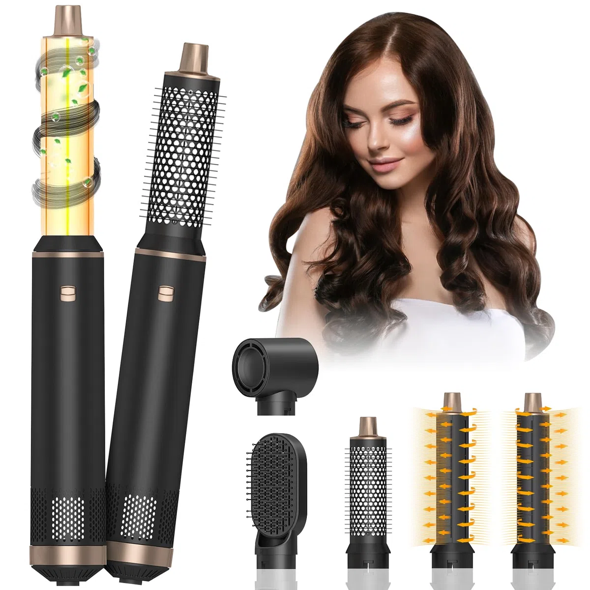Cepillo Secador de Pelo Air Styler 5 en 1, Cepillo de Aire Caliente, Secador Moldeador, Iones Negativos Rizador, Desmontable, 3 Temperaturas, 5 Accesorios, para Seca Alisa Volumen