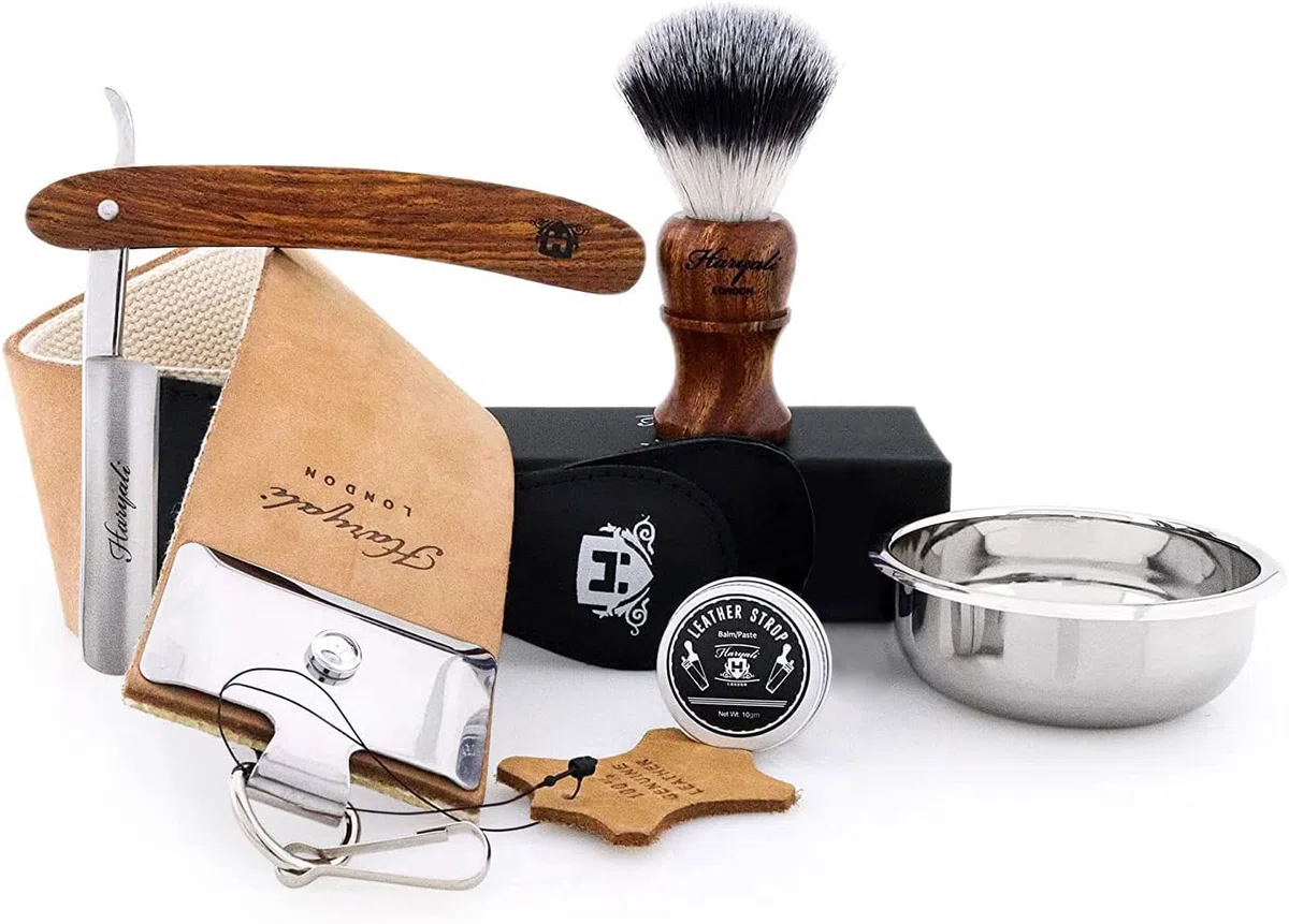 Haryali London Kit de afeitado - Juego de brochas de afeitar - Juego de afeitado sostenible - Madera - Brocha de afeitar - Maquinilla de afeitar recta - Cuenco de afeitado - Strop de cuero - Compuesto