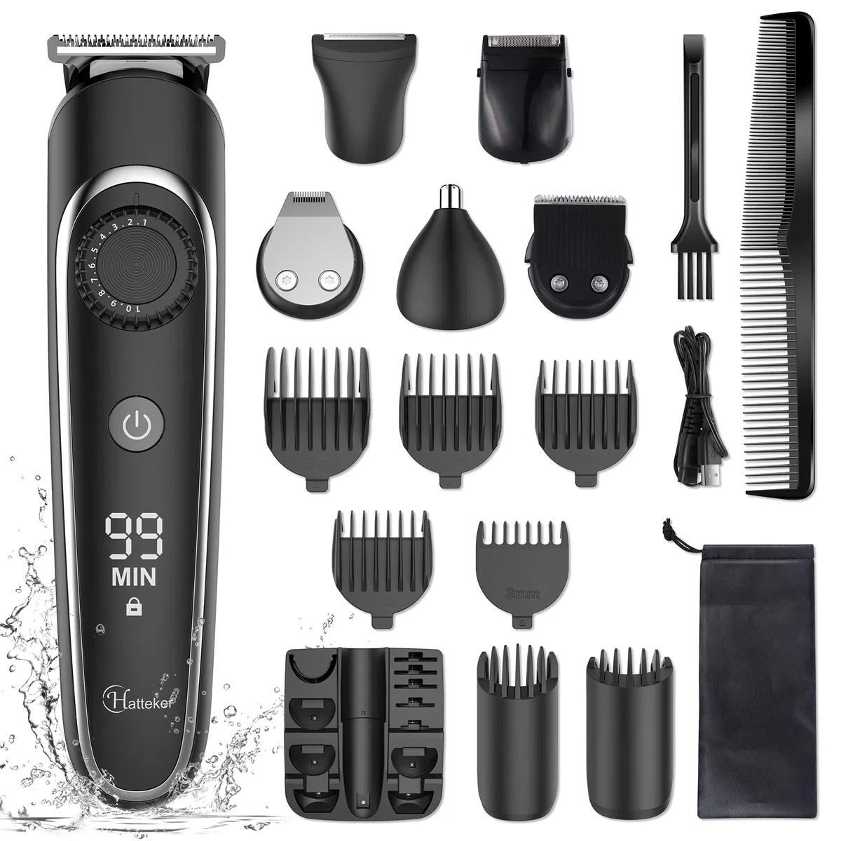 Hatteker Cortadora de barba para hombres Recortador de cuerpo para nariz y orejas Recortadora IPX7 Impermeable Recargable 6 en 1