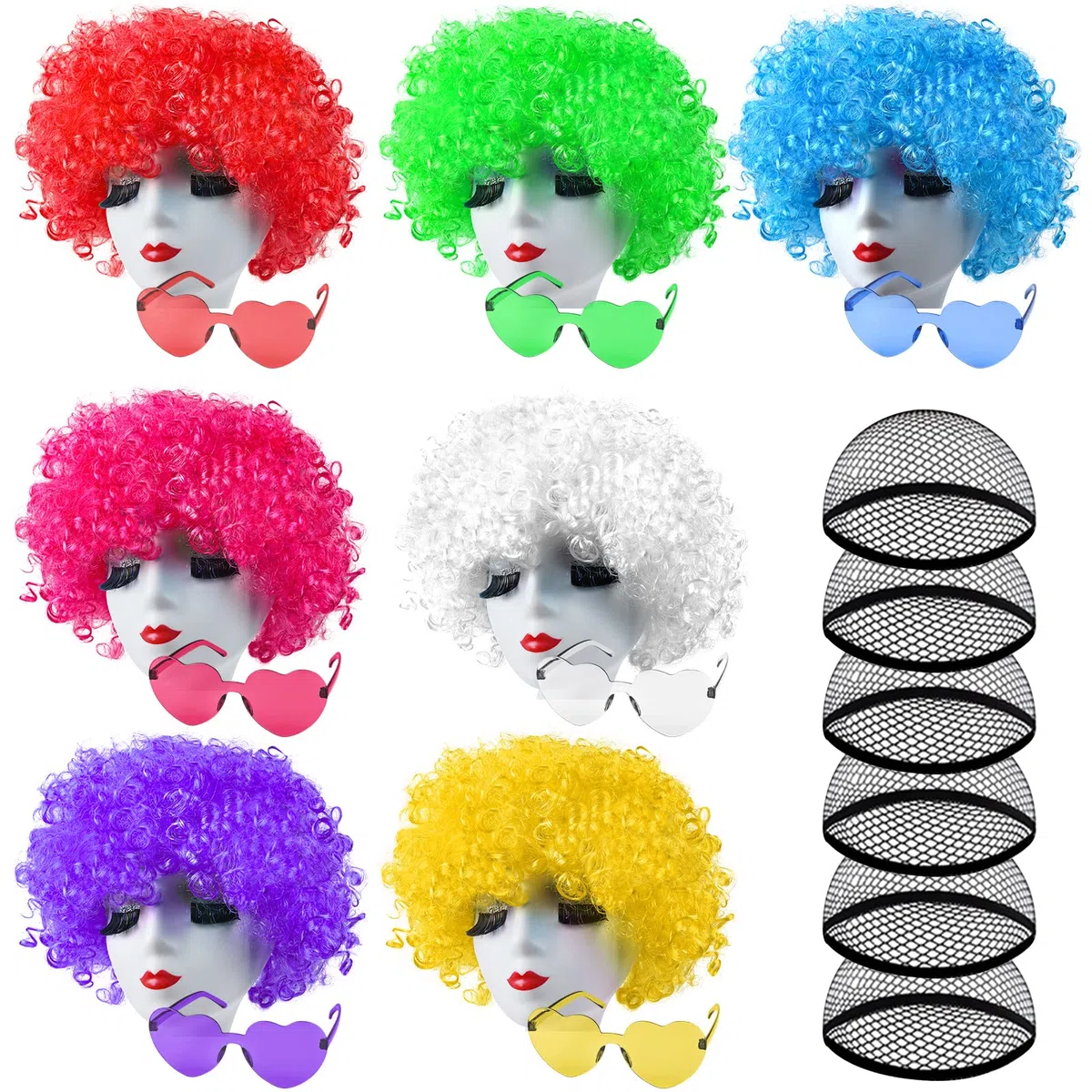 ELECLAND 7 piezas de pelucas de fiesta, 7 piezas de gafas de sol y gorra de peluca, pelucas afro rizadas de neón, paquete de gafas de sol, disfraz colorido