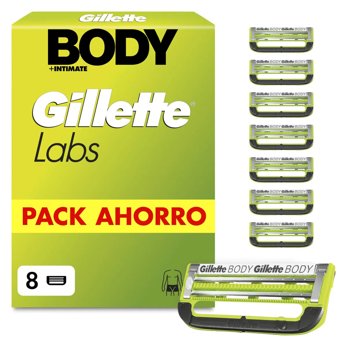 GilletteLabs Body + Intimate Cuchillas de Afeitar Cuerpo Hombre, Pack de 8
