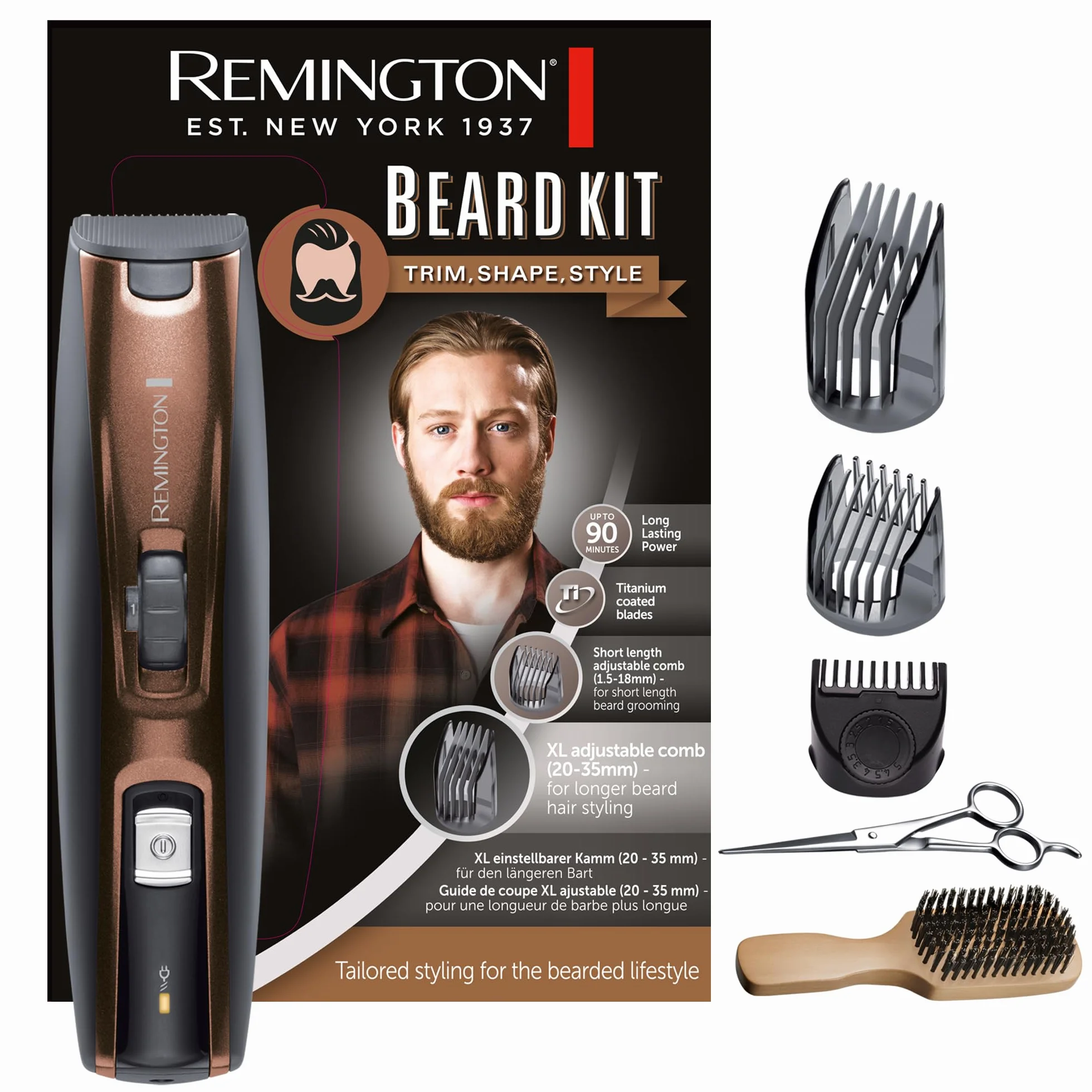 Remington Recortadora de Barba Beard Kit, Barbero con Cable e Inalámbrico, Cuchillas de Titanio, 3 Peines Ajustables, Cepillo para Barba y Tijeras, 90 min Autonomía, Batería de Litio, MB4046