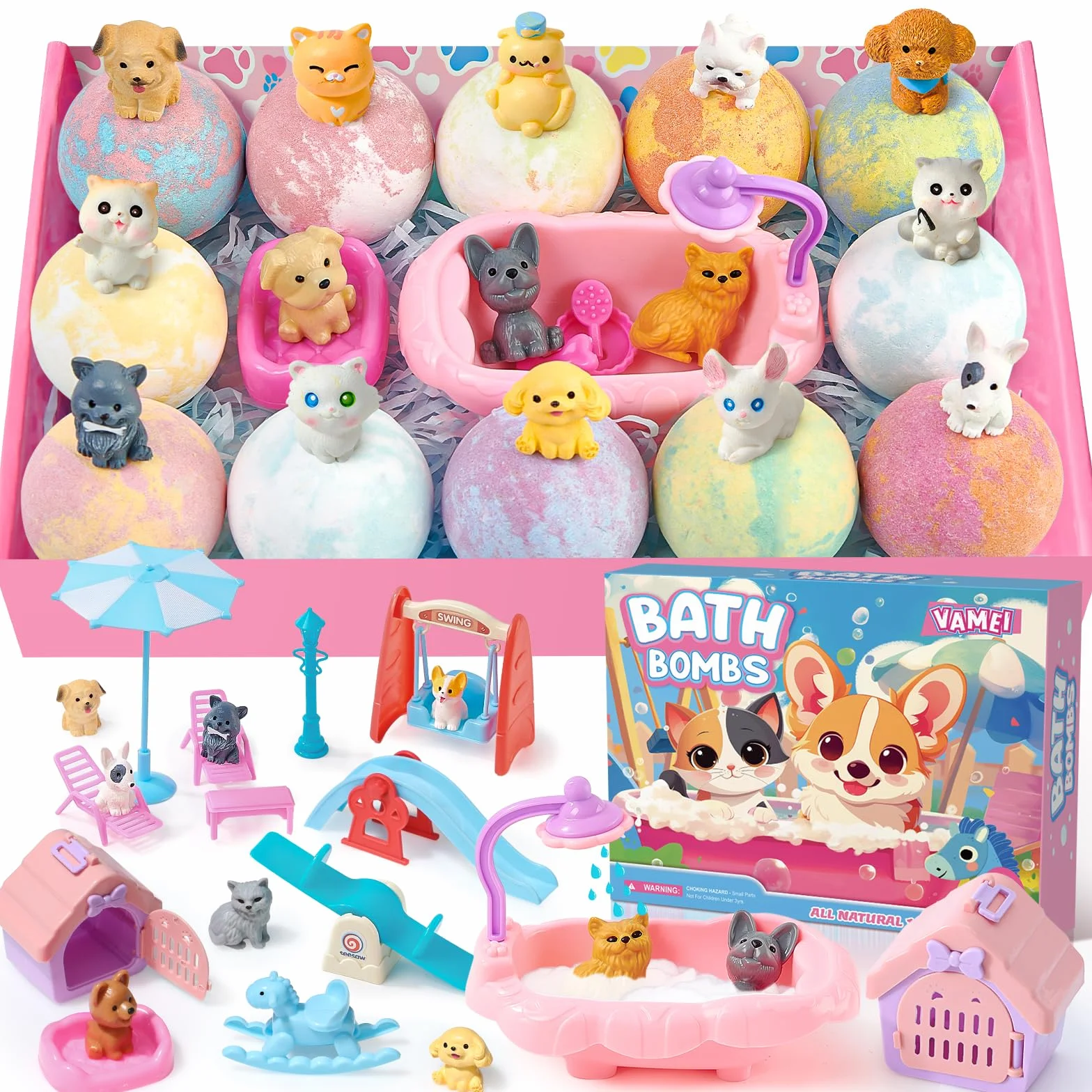 vamei Bombas de Baño para Niños 12 Piezas Bath Bombs con Juguetes Perros Gatos Bola de Baño Aromaterapia Animales de Juguetes Baño Día de San Valentín Año Nuevo Navidad Cumpleaños Regalo Niñas Niños