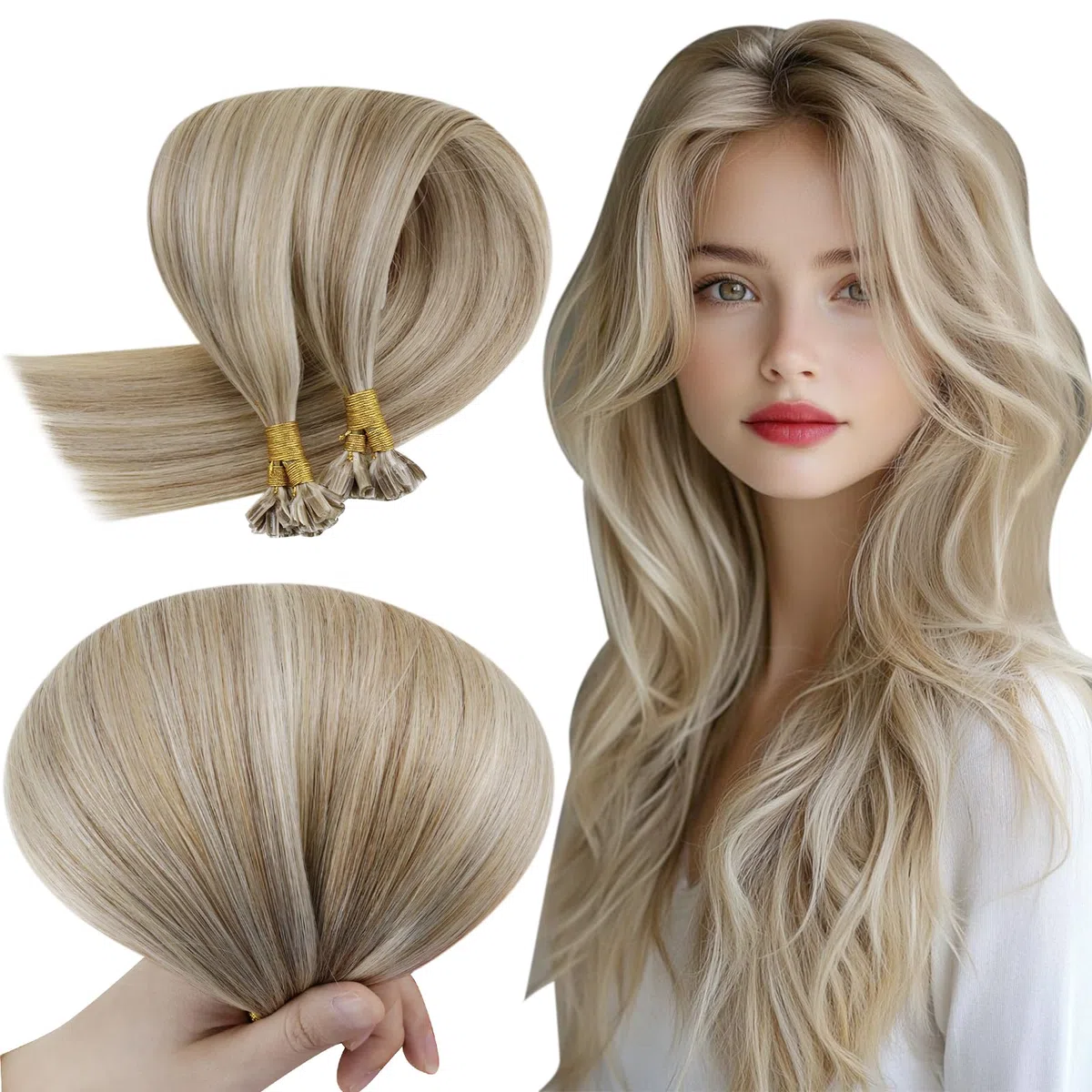 RUNATURE Extensiones Pelo Natural Queratina Marrón Claro Highlight Rubio Dorado 30cm 40g 50s #8P24