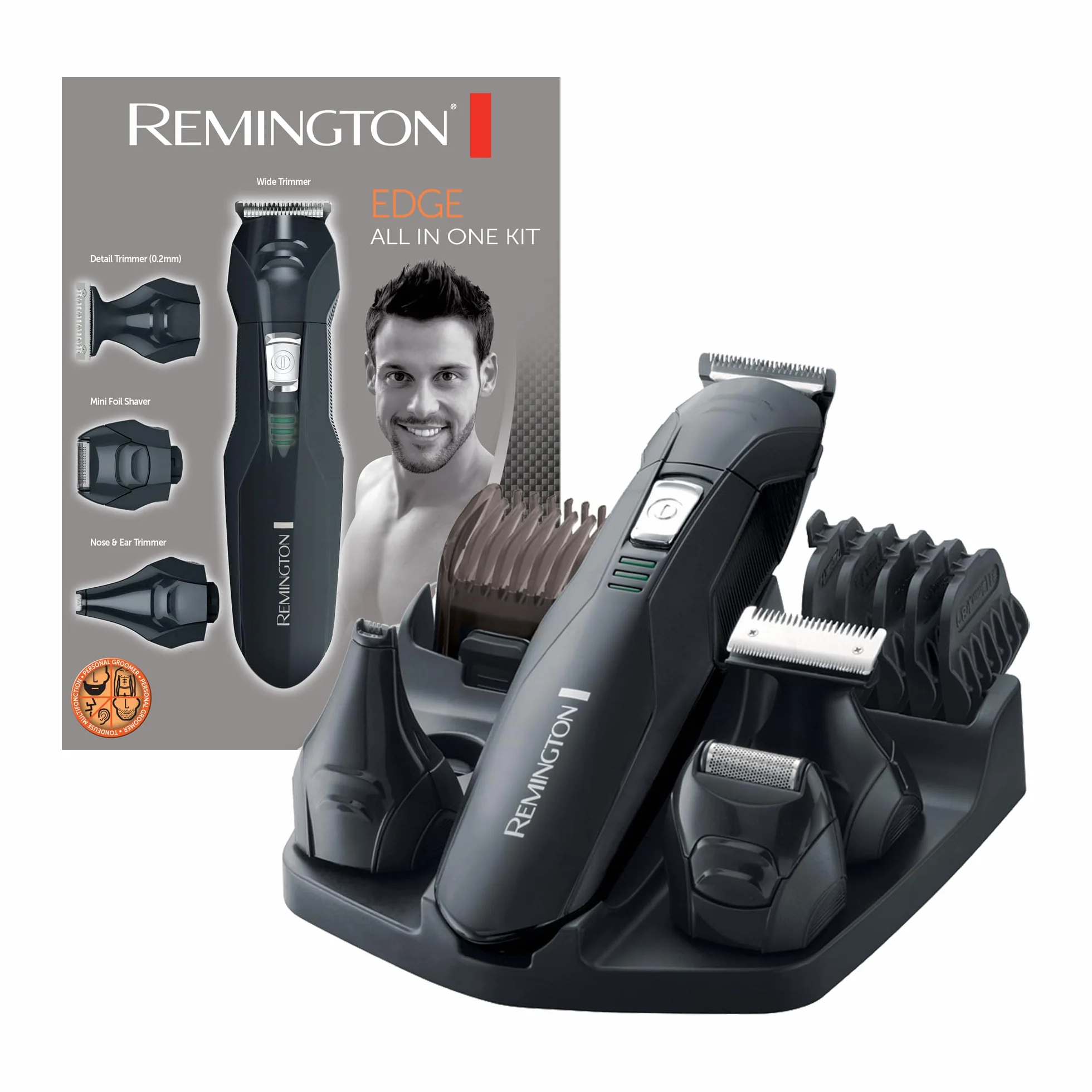 Remington Recortadora de Barba y Cortapelos Edge - Barbero y Máquina de Cortar Pelo Inalámbrico, Cuchillas de Acero Inoxidable, 6 Accesorios, Base de Almacenamiento, 40 min Autonomía - PG6030
