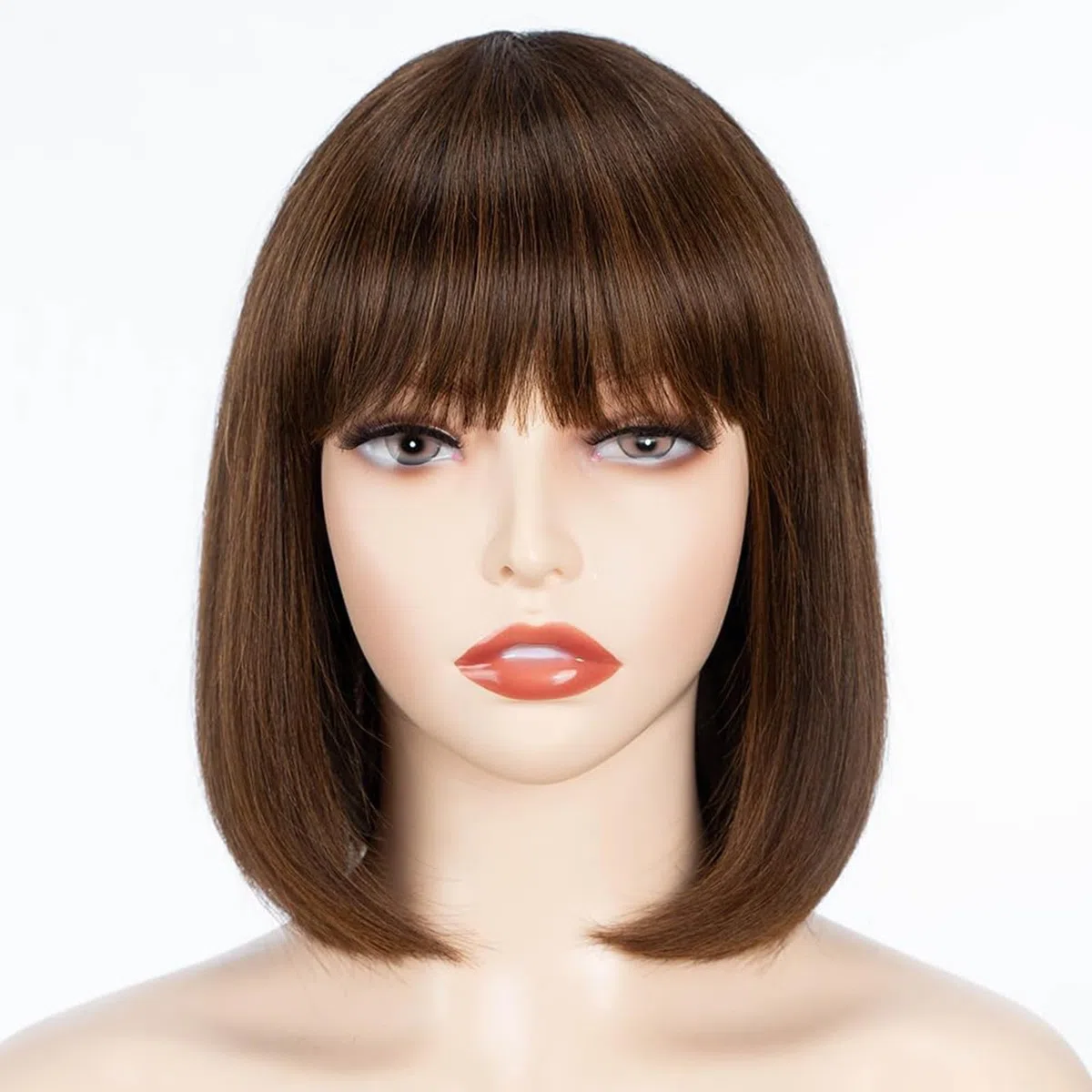 FASHION IDOL Bob Peluca de Cabello Humano con Flequillo para Mujeres Negras Pelo Liso Corto 25CM Natural Negro Sin Pegamento Hecho a Máquina Pelucas Bob Cortas