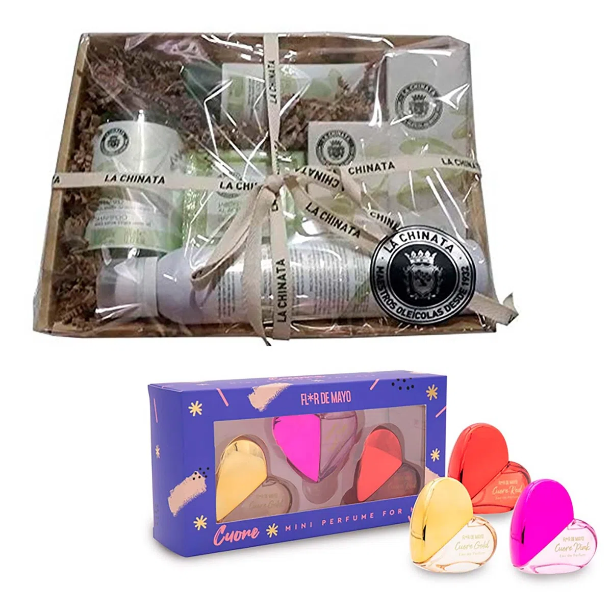 ADRI. Set de baño y mini perfumes. Regalo original para mujer - Cesta productos La Chinata para regalar y pack de 3 mini perfumes. (CESTA MEDIANA)
