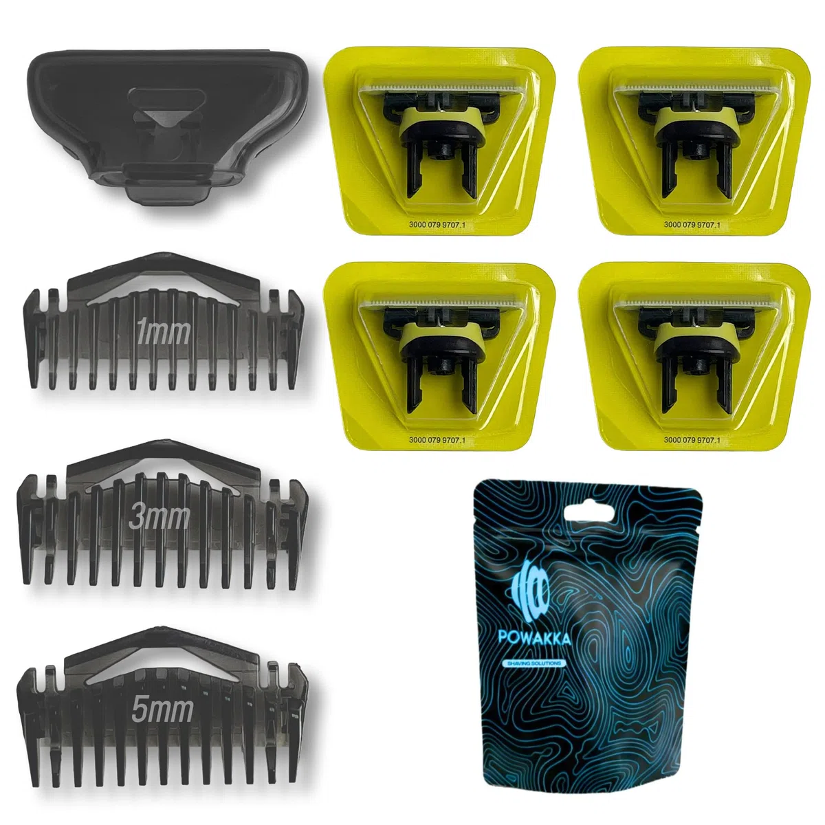 Kit de 4 Cuchillas + 3 Peines Guía Compatibles + 1 funda compatible con OneBlade – Recambios de Afeitadora para Barba y Cuerpo – Corte Preciso, Suave y sin Irritación – Fácil de Instalar y Limpiar
