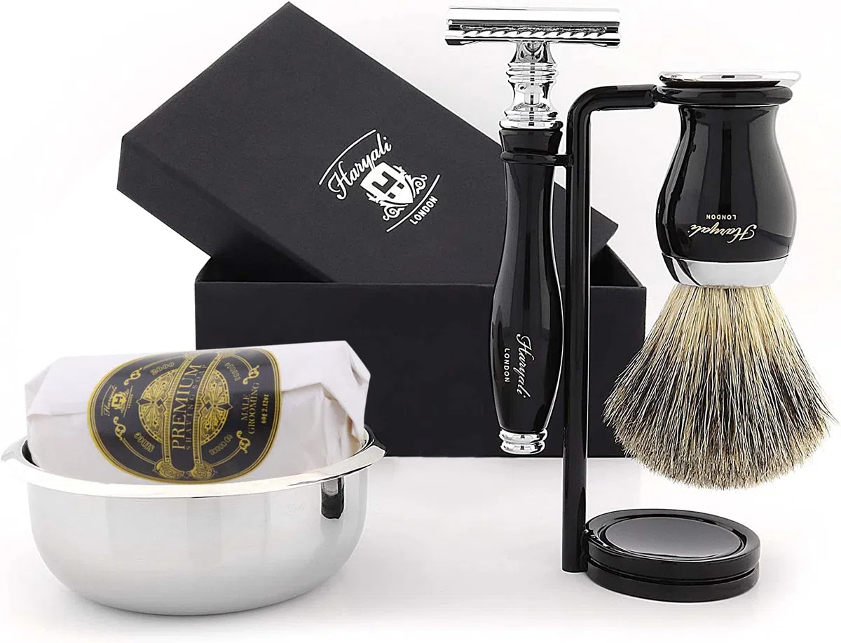 Set de afeitado clásico de 5 piezas con brocha de pelo de tejón, maquinilla de afeitar, soporte para maquinilla de afeitar, bol de acero inoxidable y jabón