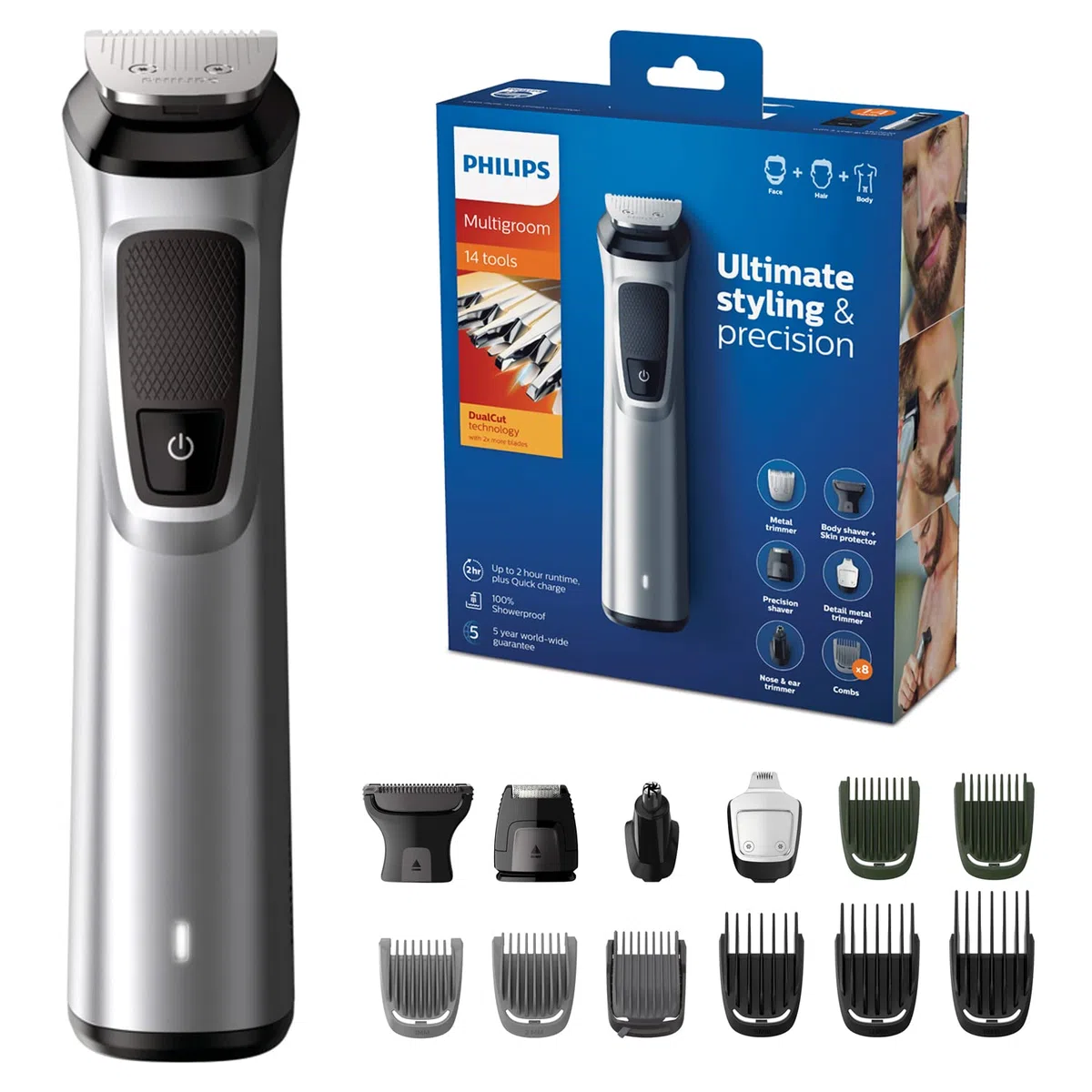 Philips MG7720/18 Recortadora 14 en 1 Maquina recortadora de barba y Cortapelos para hombre, óptima precisión, tecnología Dualcut, autonomía de 120 minutos, batería, Negro/Plata