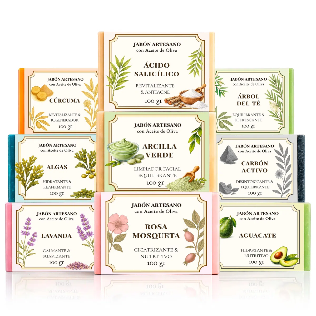 Pack Jabones Naturales Artesanos 100g – 9 pastillas de jabon natural perfumado de aceites naturales – Colección de Jabones para regalar o autocuidado diario para una piel limpia y suave