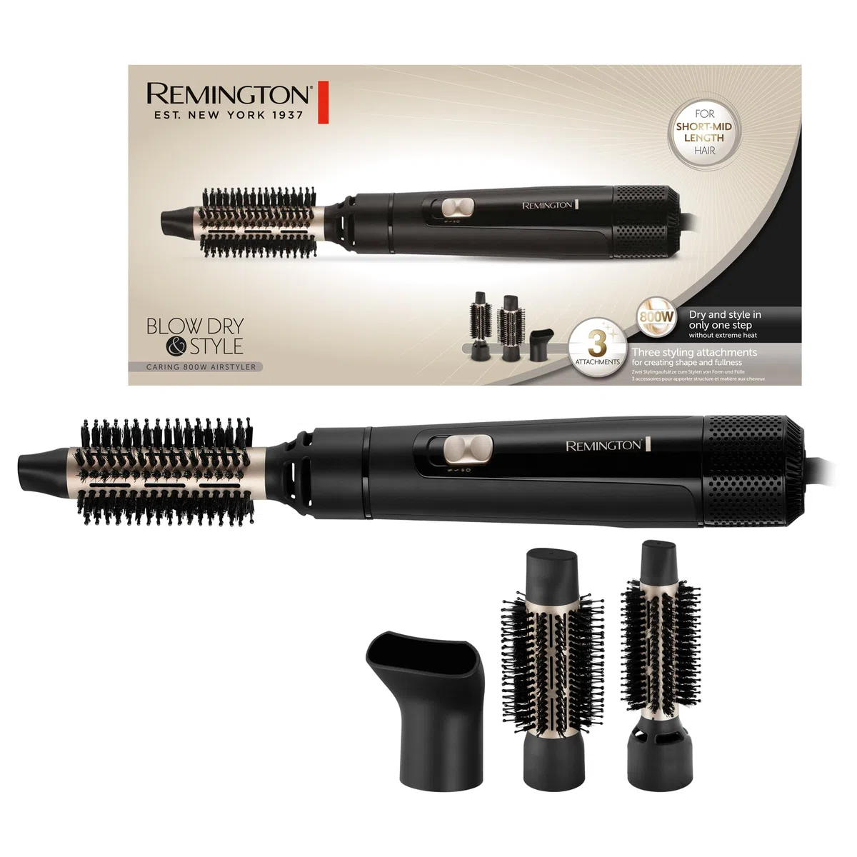 Remington Cepillo Blow Dry & Style [ideal para cabello corto y mediano] (800 W, temperatura variable, aire fresco, 2 cepillos redondos de 25 y 38 mm, concentrador, cable giratorio), negro