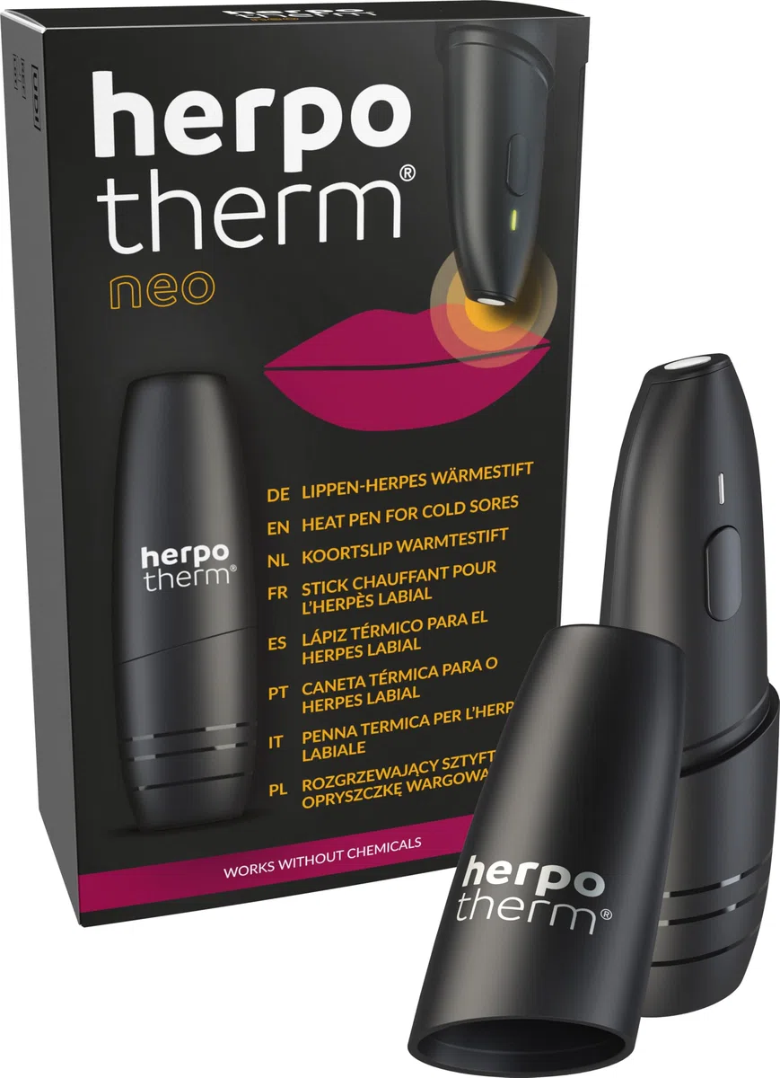 herpotherm neo para herpes labial; funciona con calor concentrado; el bolígrafo térmico original para herpes; hasta 200 aplicaciones posibles con un juego de pilas incorporado en el dispositivo