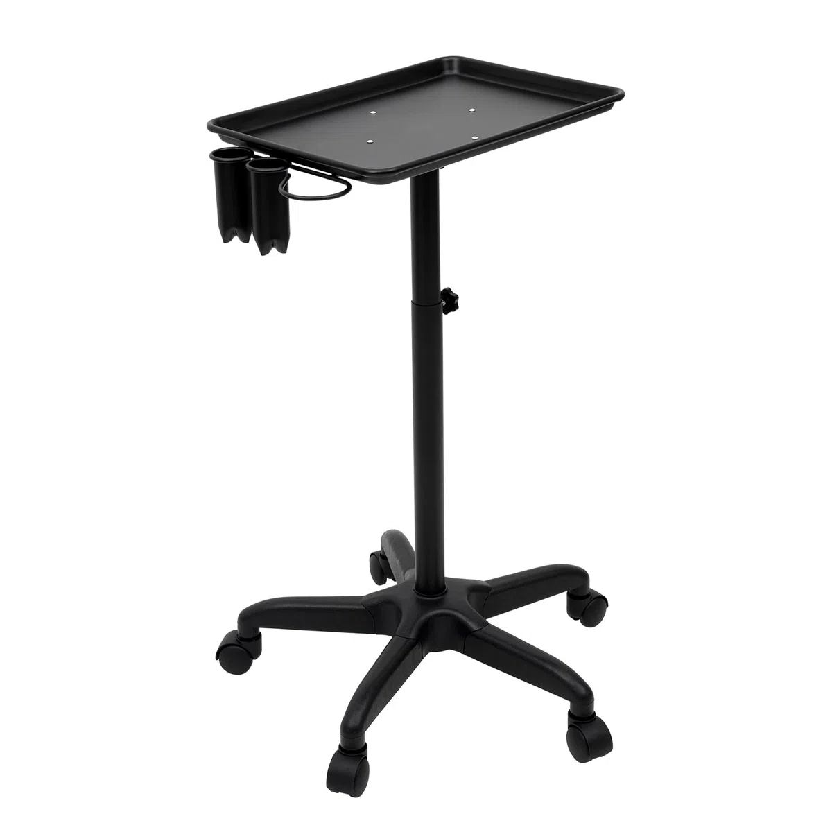Bandeja de tatuaje para carrito de salón, bandeja rodante de aluminio, equipo con ruedas y altura regulable para carrito dental, carrito de peluquería (negro con soporte para secador de pelo)
