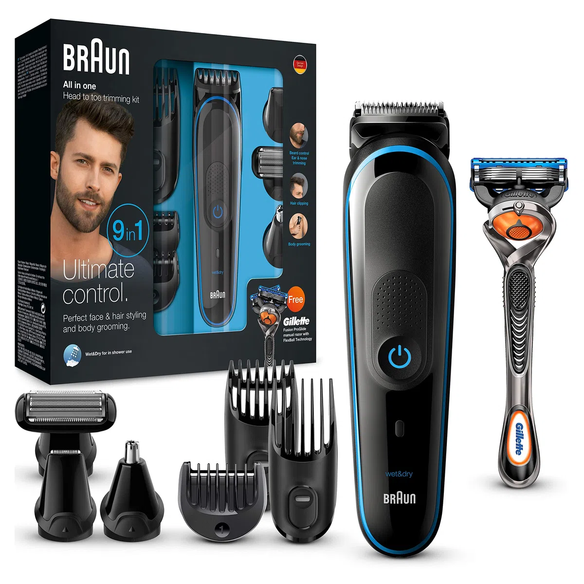 Braun 9 en 1 MGK3085 - Corta Barbas hombre Todo en 1 Recortadora Barba, Depiladora Masculina, Máquina Cortar Pelo, Cortapelos Nariz y Orejas