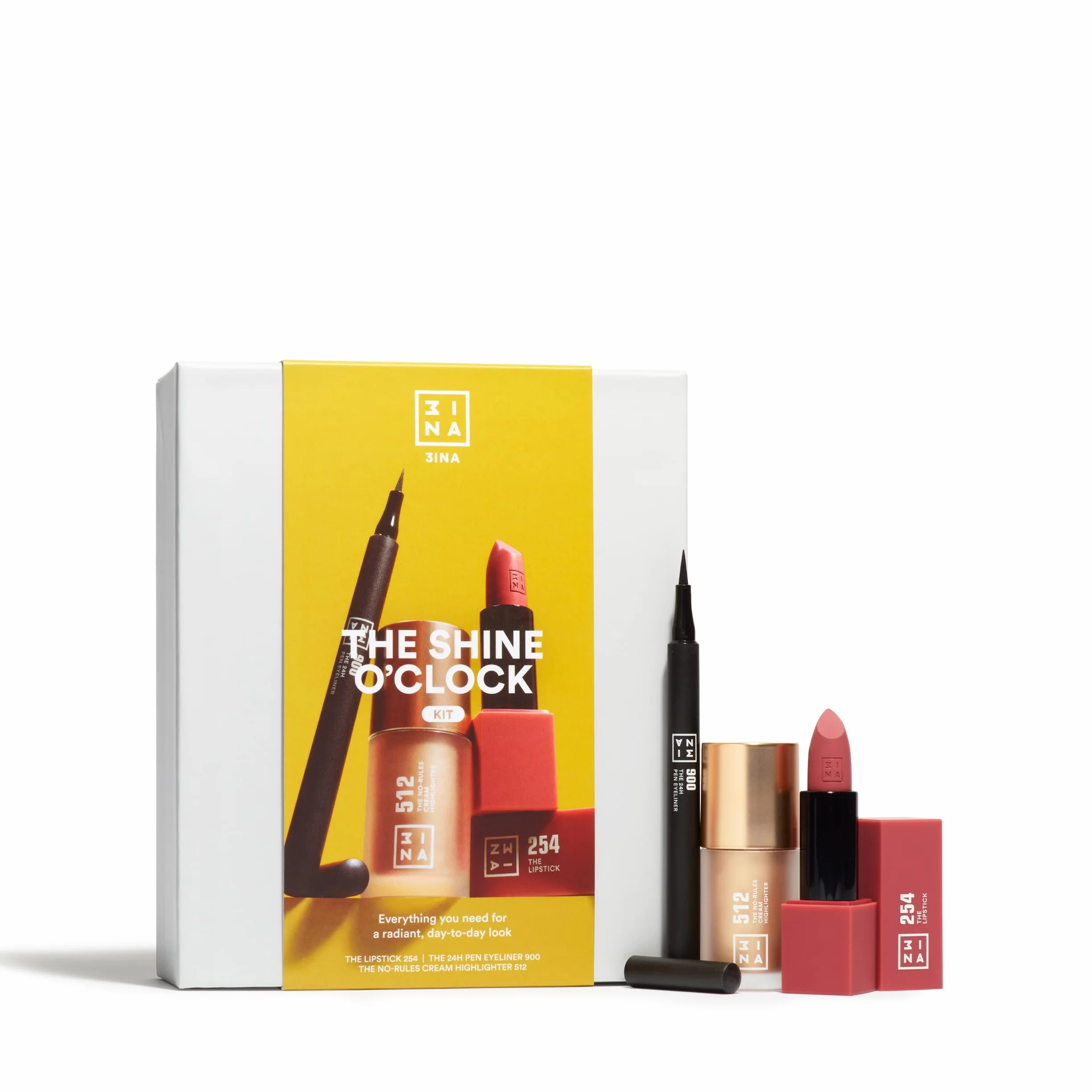 3INA MAKEUP - The Shine O'Clock Kit - Set Maquillaje - 24h Pen Eyeliner 900 + No-Rules Cream 512 + Lipstick 254 - Eyeliner Negro + Iluminador + Pintalabios Rosa - Vegan - Cruelty-Free