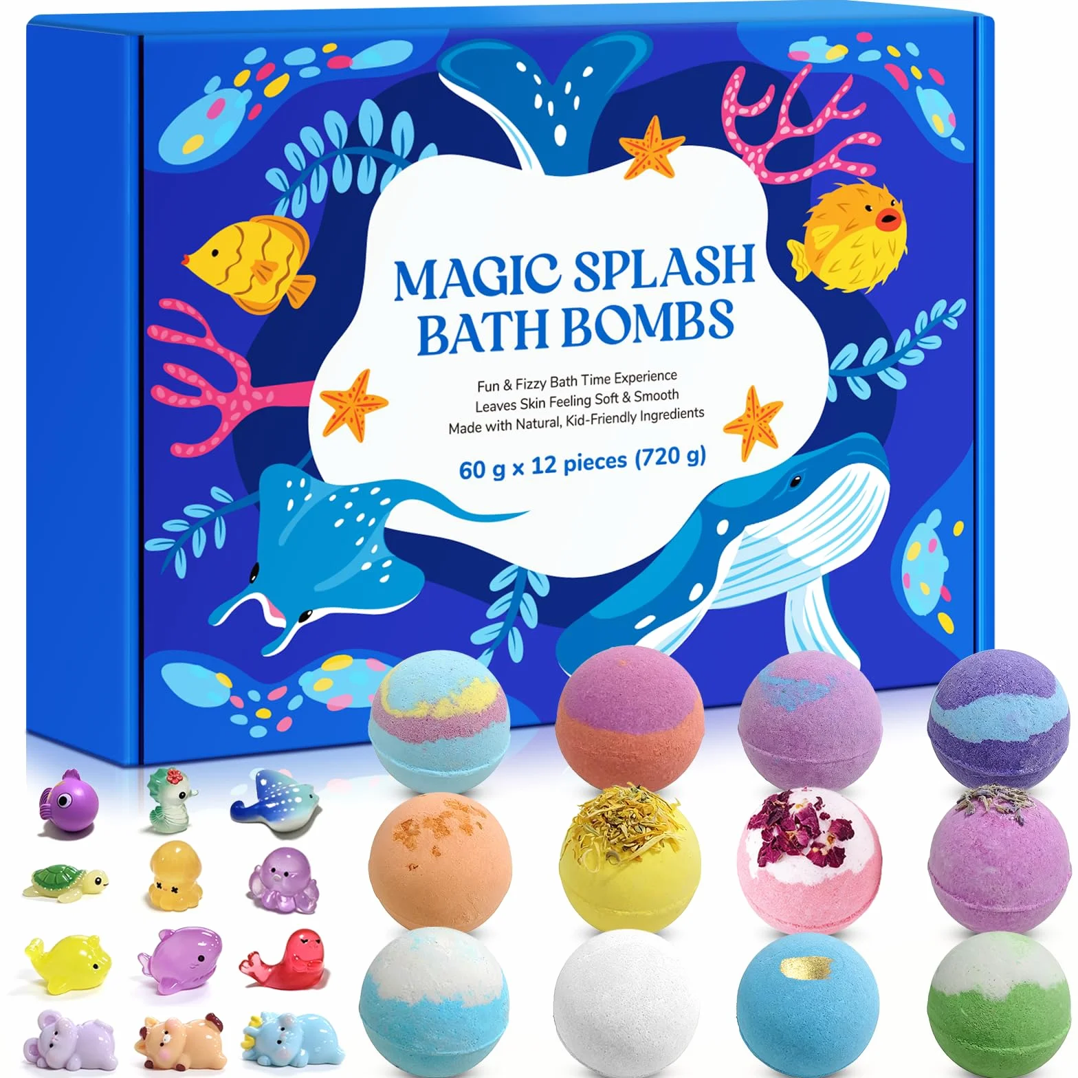 Bombas de baño niños, 12 piezas bombas de baño para niños, con juguete sorpresa en el interior, regalos para niños y niñas de 4 a 15 años- Organic, Gentle