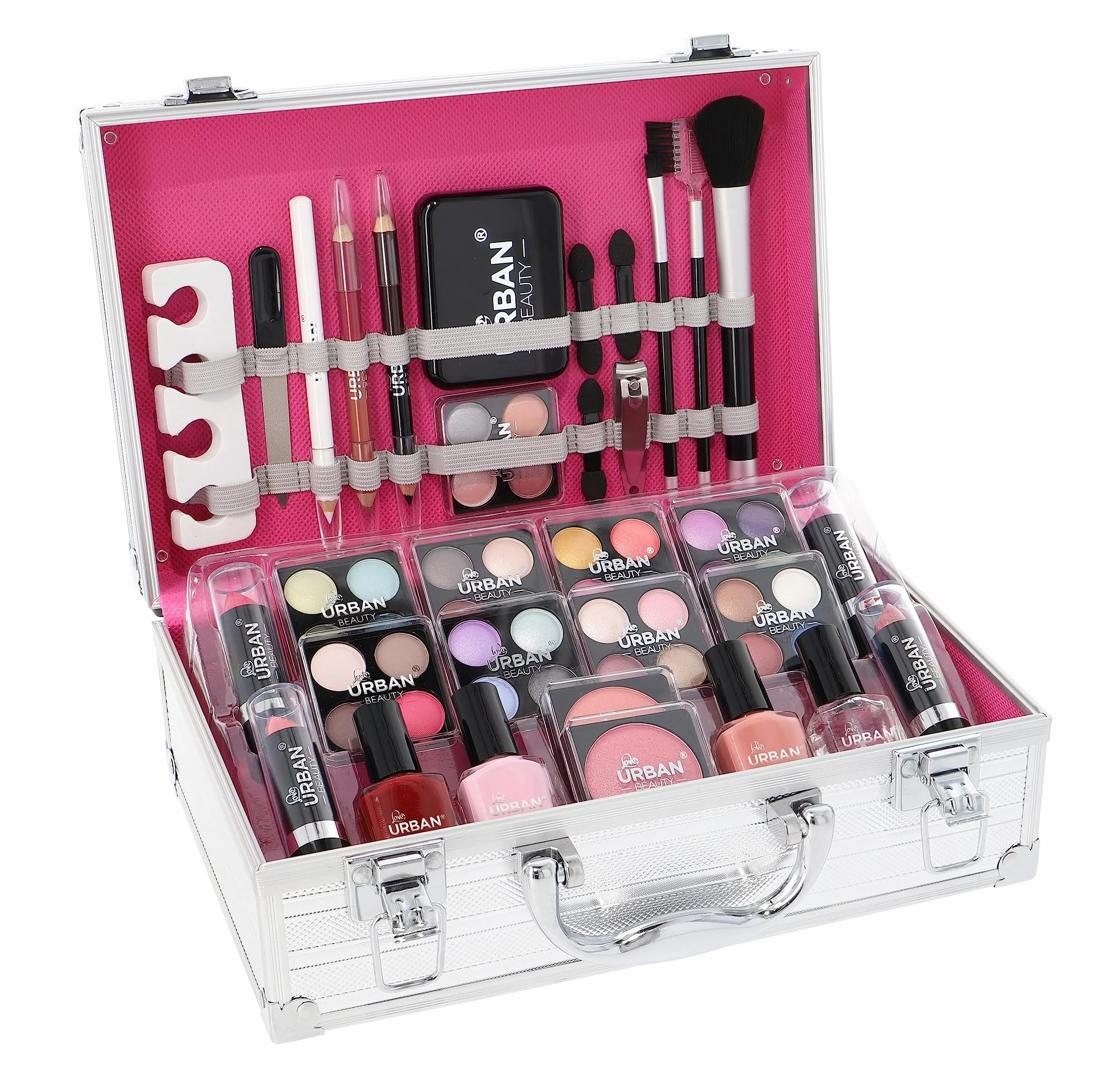 LOVE URBAN BEAUTY Estuche de Maquillaje Vegano Essentials - Set de Maquillaje Vegano de 64 Piezas para Adolescentes - Elegante Caja Plateada - Diseño Compacto y Ligero