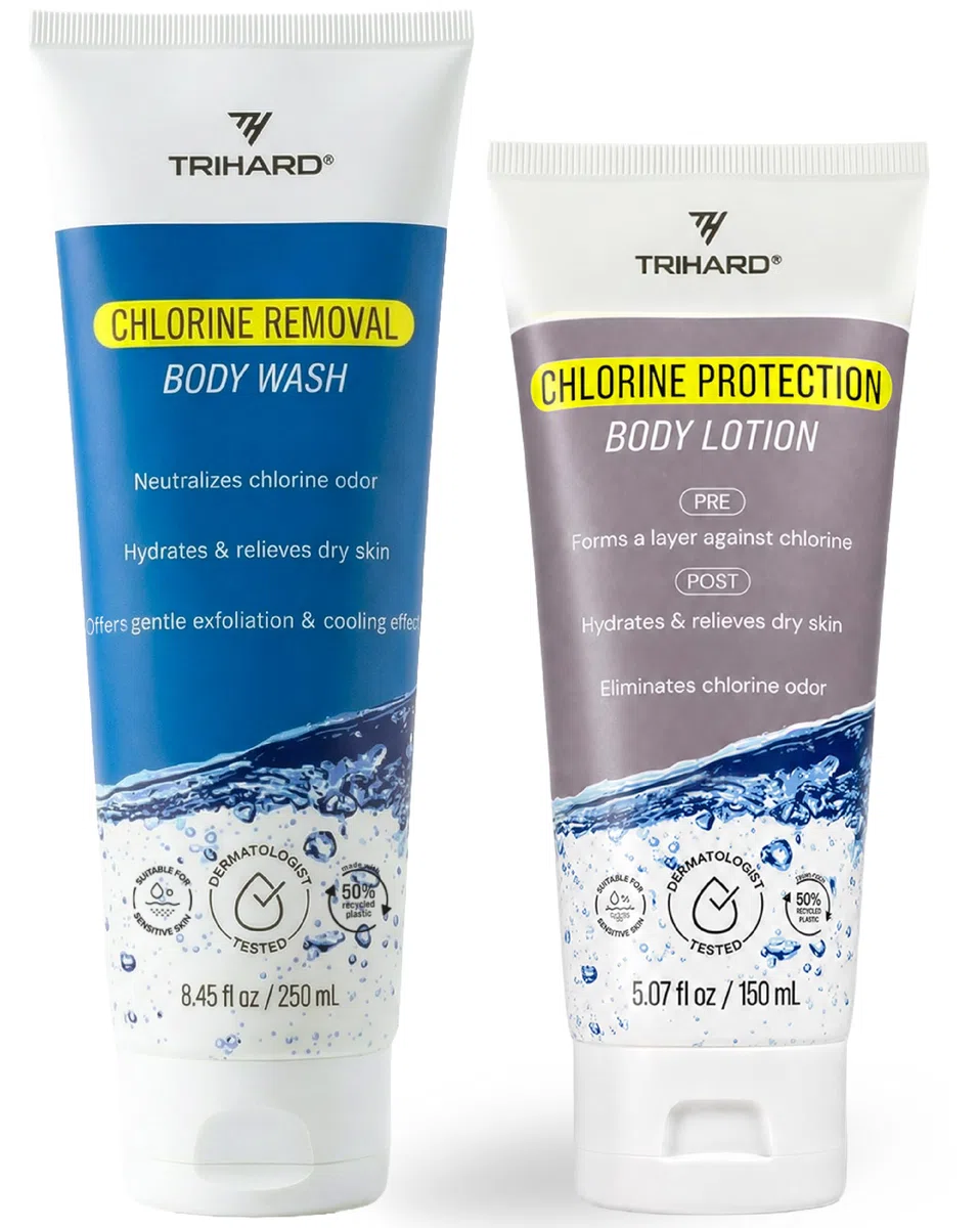 Chlorine Defense - Set de cuidado de natación, loción para antes y después del baño + jabón corporal después de nadar, neutraliza el aroma de cloro, alivia las molestias de la piel, hidrata