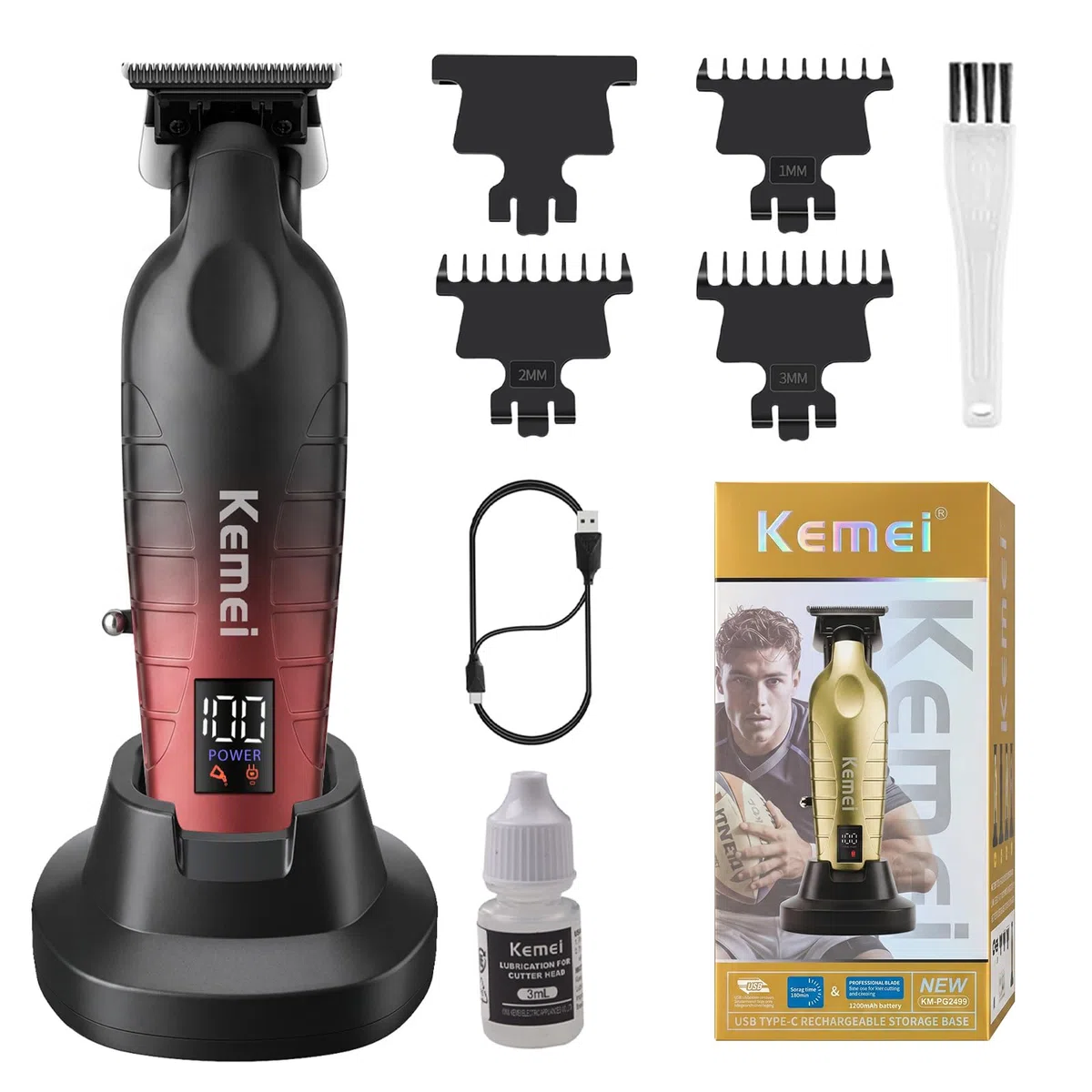 KEMEI 2499 Recortadora de Barba Profesional, Máquina Cortar Pelo Inalámbrica T-Blade, Cortapelos Hombre con Pantalla LED, Base de Carga y Motor Potente, Trimmer para Barbería y Casa(Negro)