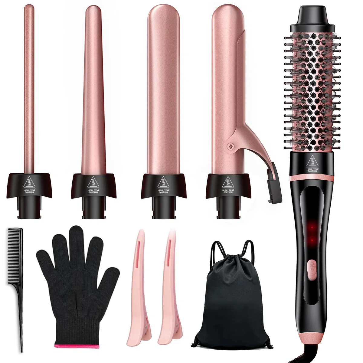 Rizador de Pelo, Rizador de Pelo 5 en 1 rizadoras con cepillo rizador y 4 tenacillas rizadores cerámicas intercambiables (0.35"-1.25'') Calentamiento Rápido Doble Voltaje Rizador de Pelo para Mujeres