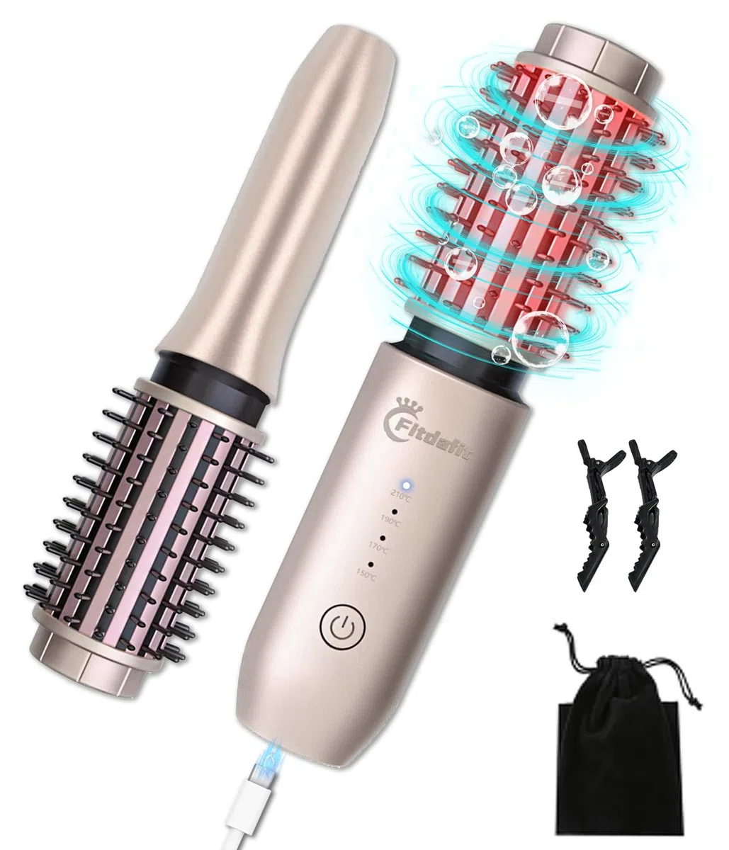 Rizador de Pelo Inalámbrico, Curling Iron, Minipeine de Viaje, Rizador Portátil de Ondas Calientes, Cepillo Redondo Iónico 3 en 1, Rizador Pelo Ondas Recargable para USB, Regalos para Mujeres