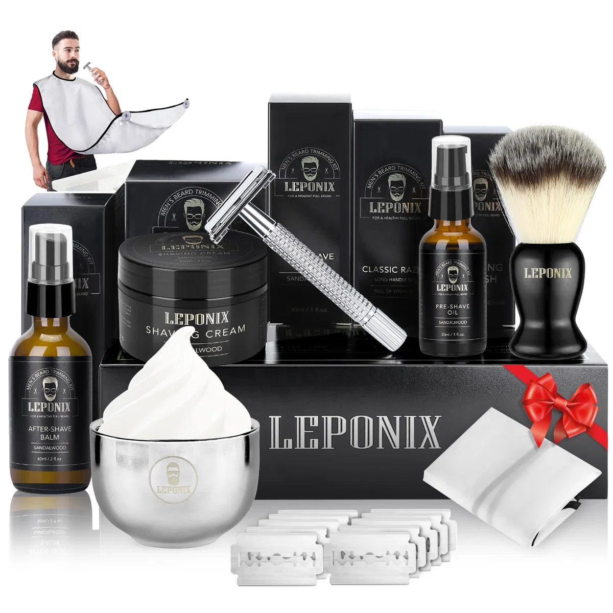 Traje de afeitadora para hombres, incluyendo afeitadora de seguridad, crema de afeitadora de sándalo, agua después del afeitado para hombres, aceite antes del afeitado, cepillo de afeitado y tazón